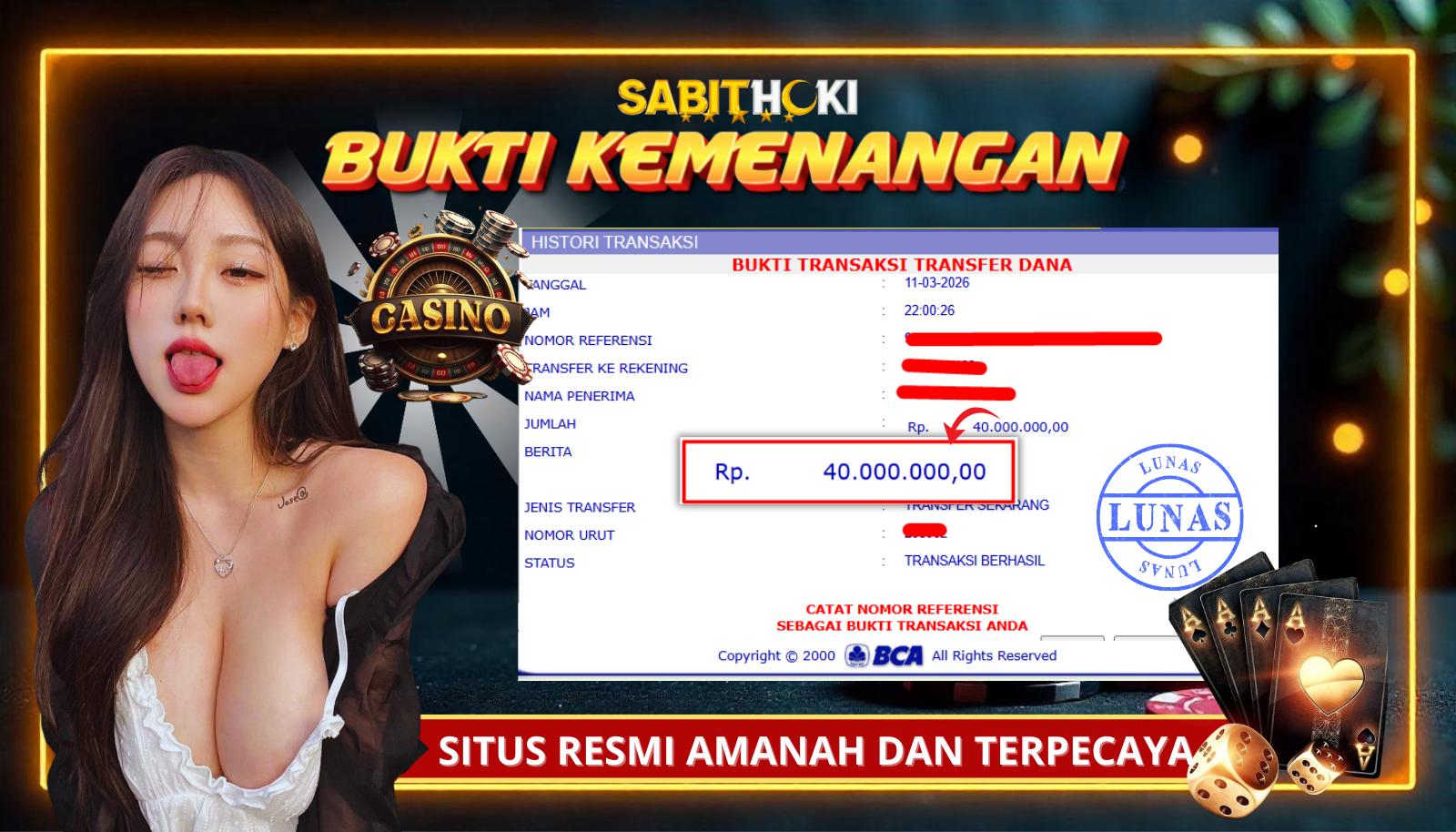 SELAMAT KEPADA MEMBER SETIA SABITHOKI BERHASIL JACKPOT DI PERMAINAN LIVE CASINO SEXY BACCARAT